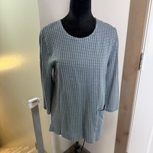 J. Jill Ponte Knit Shirt 3/4‎ Sleeves Houndstooth Brown Blue Scoop Neck Blouse M